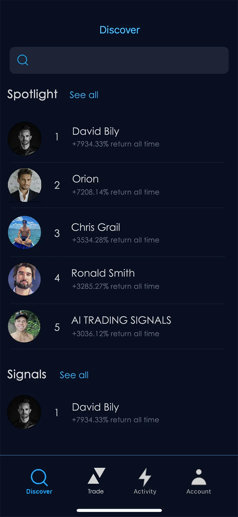 Copy trading app analytics screen