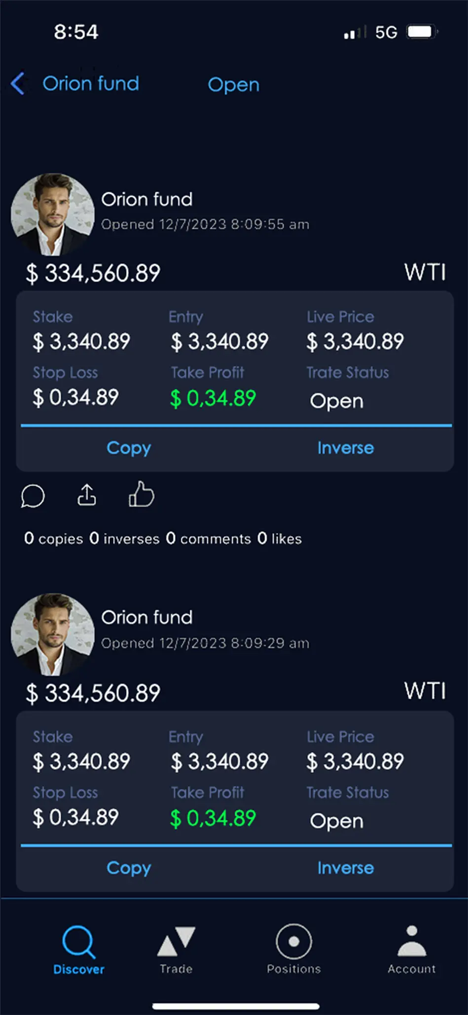 Copy trading app performance screen